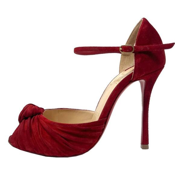 Christian Louboutin Marchavekel Red Suede Knot Peep Toe Pumps- Size 36 - Picture 1 of 10